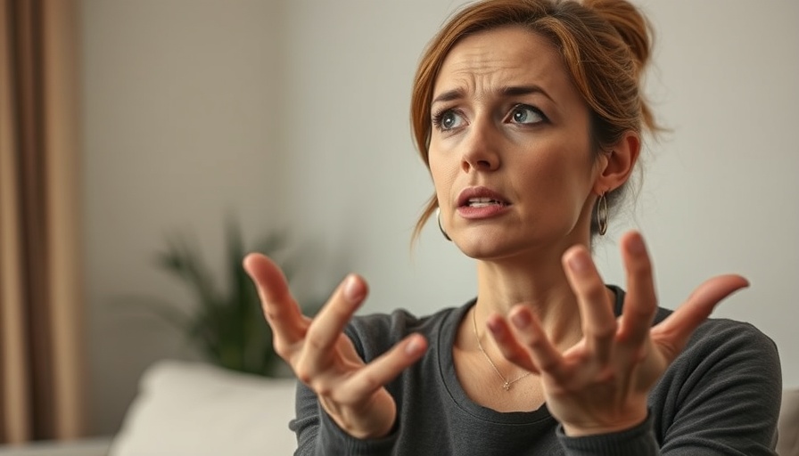 Concerned woman gesturing thoughtfully indoors.