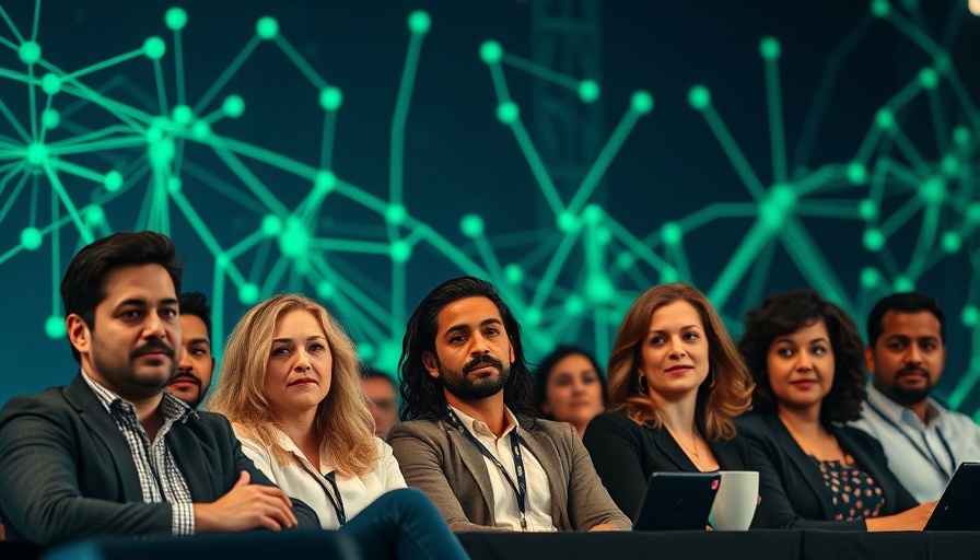 Professional digital marketing panel discussing AI innovations with network visuals.