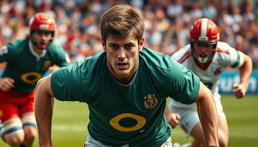 Rugby match action scene, player running intensely.