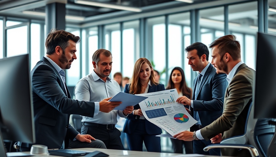 Professionals discussing financial management in a modern office.