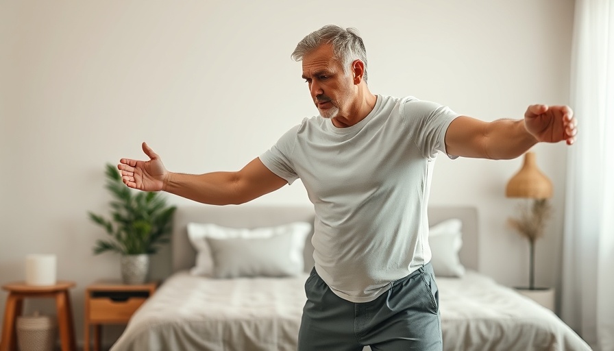 Man demonstrating pelvic health mobility techniques in a bedroom setting.