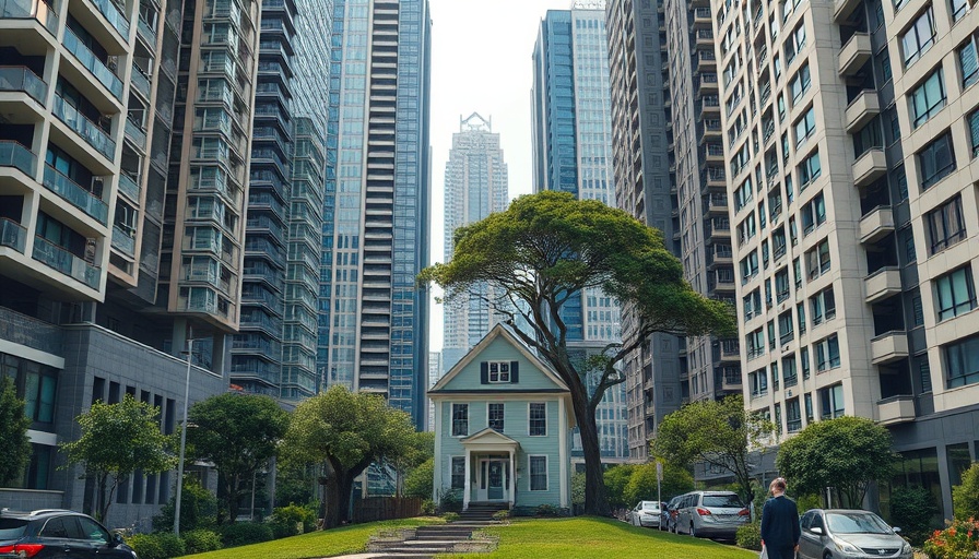 Solitary house defying urbanization, lush trees, modern buildings.