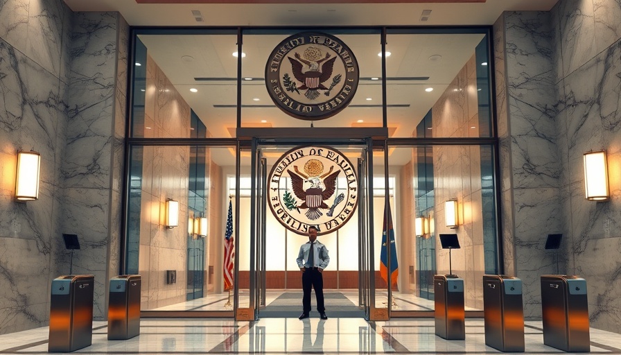 Consumer Financial Protection Bureau lobby with glass doors and security.