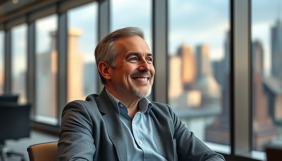 Mature man in office setting contemplating city view, balancing growth and relationships.