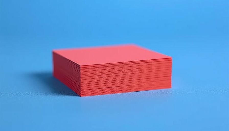 Vibrant red card stack on a blue surface.