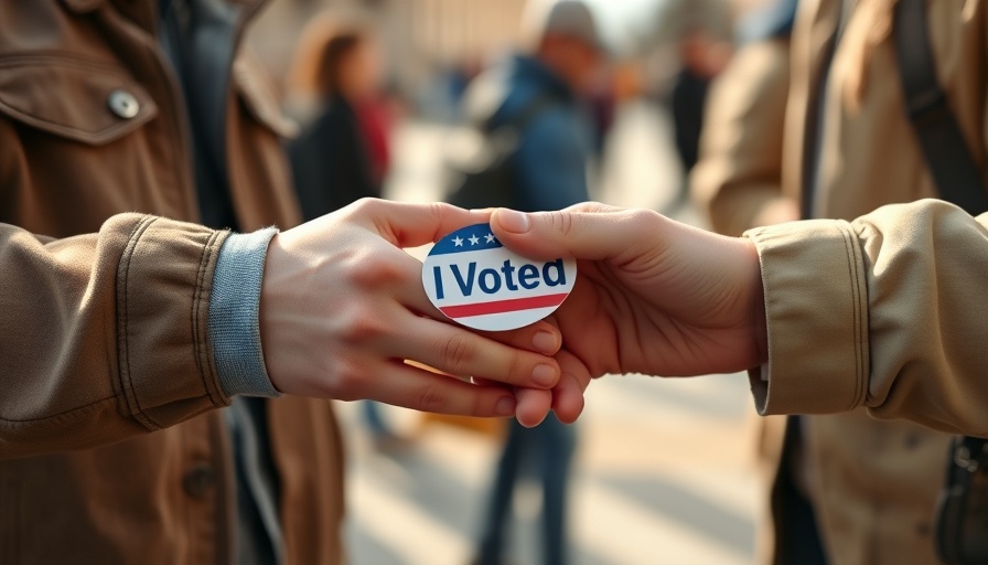 Hands exchanging an 'I Voted' sticker, symbolizing civic engagement.