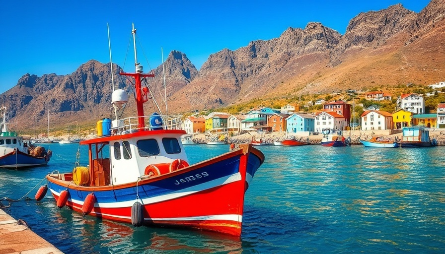 Colorful harbor scene in South Africa with docked boat.