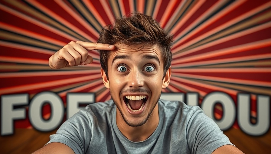 Smiling man pointing to forehead with radial burst background, AI in SEO.