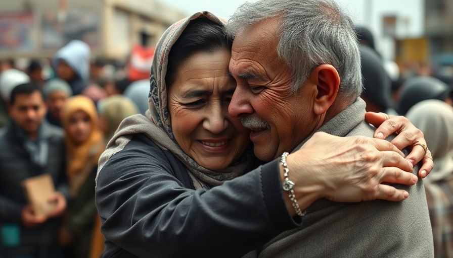 Emotional scene during crowd surge near aid distribution, woman hugging a man.