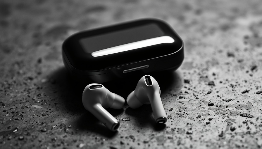 Black and white AirPods close-up on textured surface.