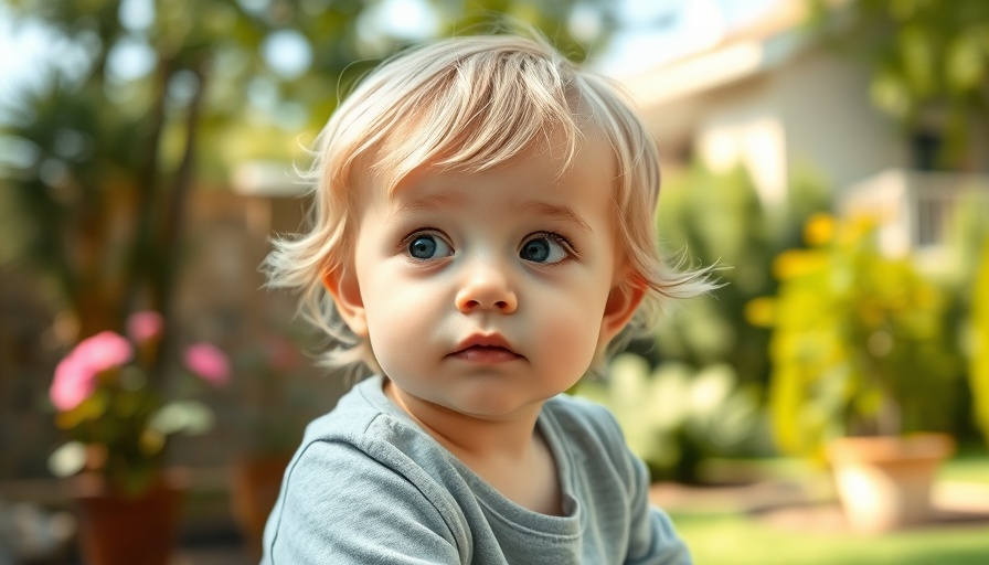 Young child sitting outdoors with a curious expression.