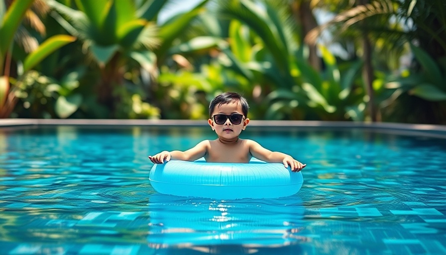 Child practicing mindfulness on a pool float surrounded by greenery, summer.