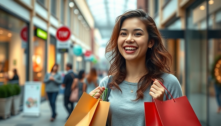 Cheerful woman with shopping bags illustrating factors driving impulse buys in 2025.