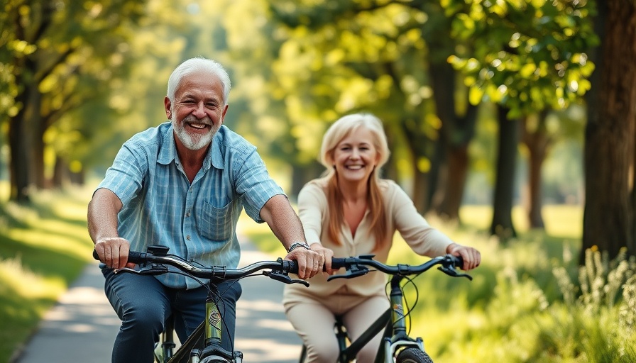 Elderly couple riding bicycles outdoors, enjoying the health benefits of cycling.