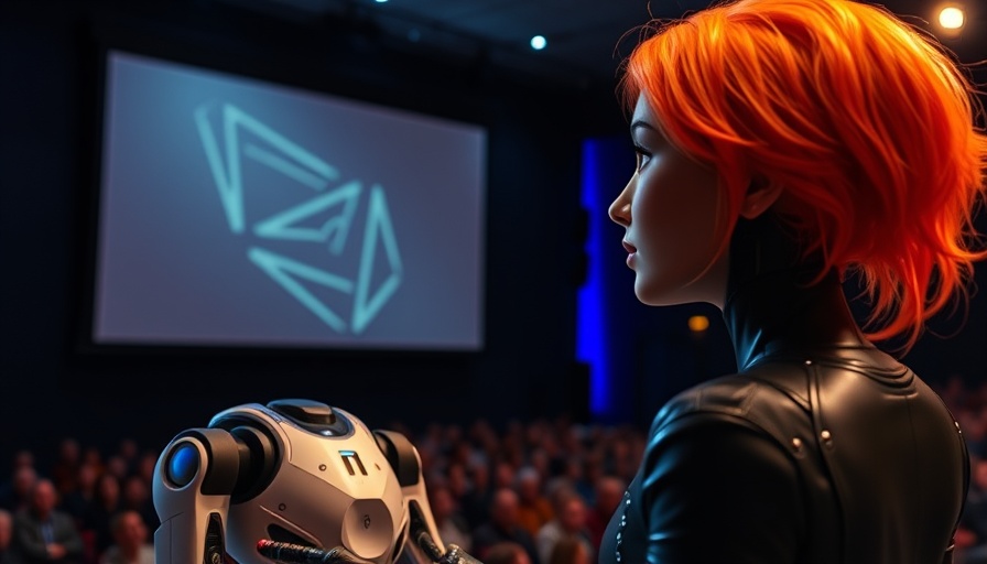 Grok 4 Business Analysis AI presentation with humanoid AI on stage.