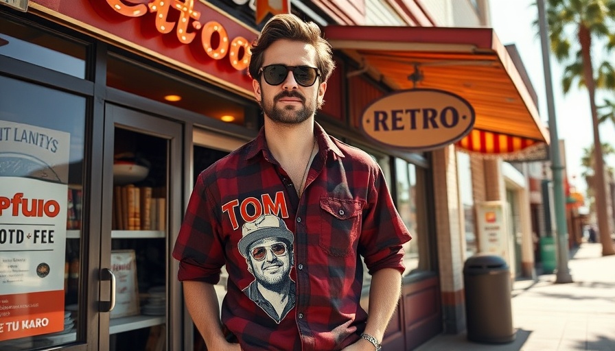 Man wearing vintage inspired Tom Petty shirt in front of retro shop.