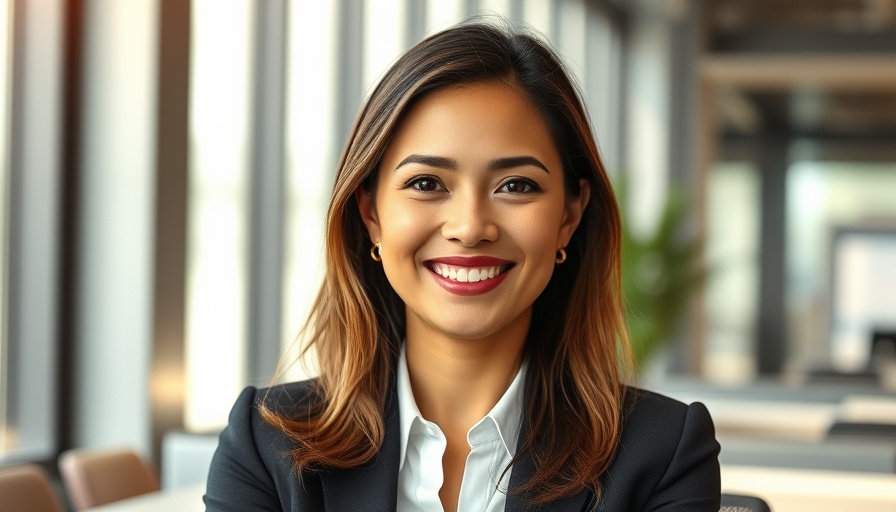 Confident professional woman in modern office setting, smiling warmly.
