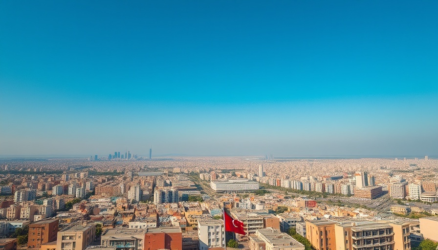 Middle Eastern cityscape with a prominent flag under clear sky