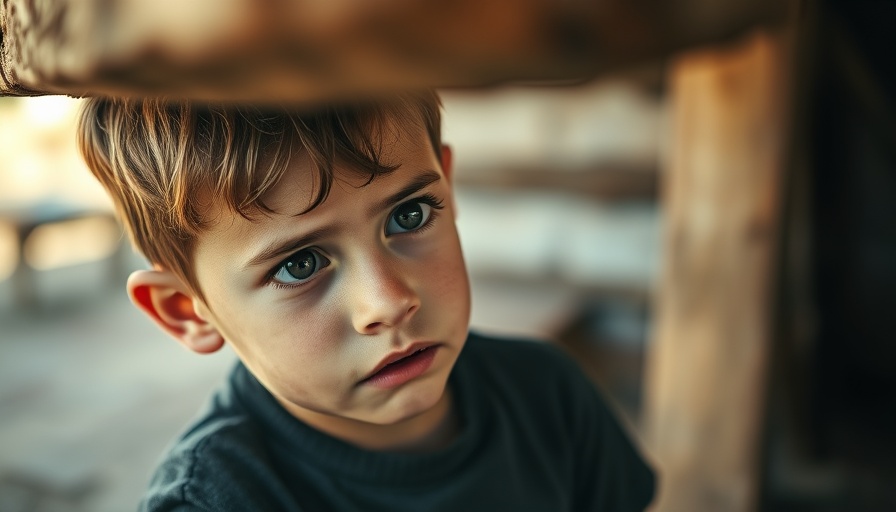 Curious young boy looking under wooden rail, contemplating.