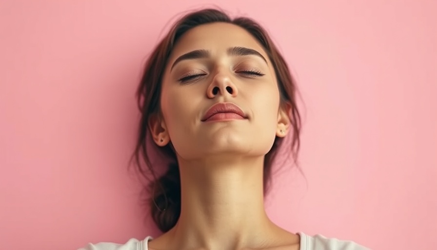 Calm woman practicing meditation for anxiety relief, pink background.