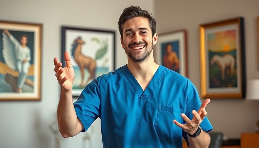 Young man in blue scrubs discussing stinky feet treatment.