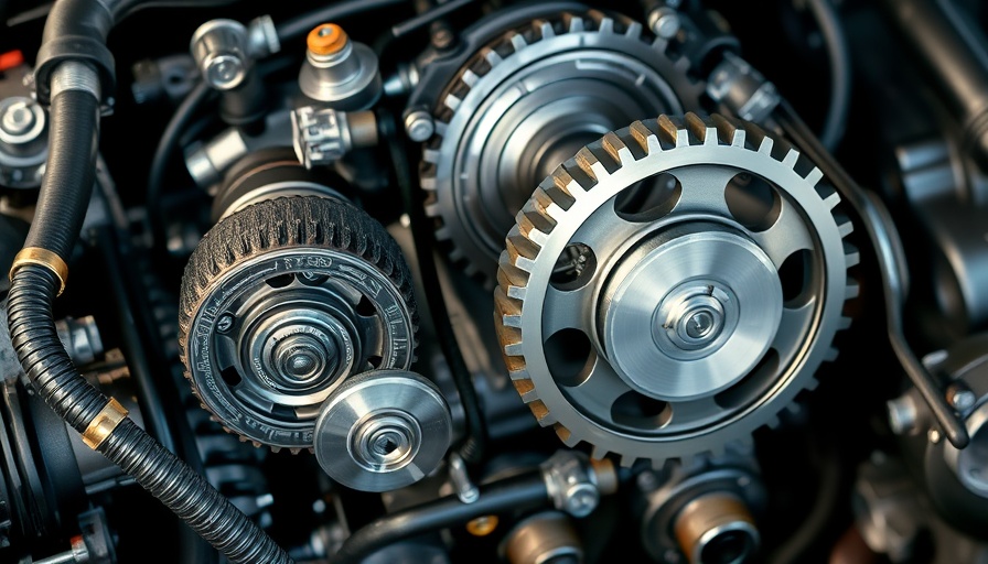 Engine components close-up with pulleys and belts.