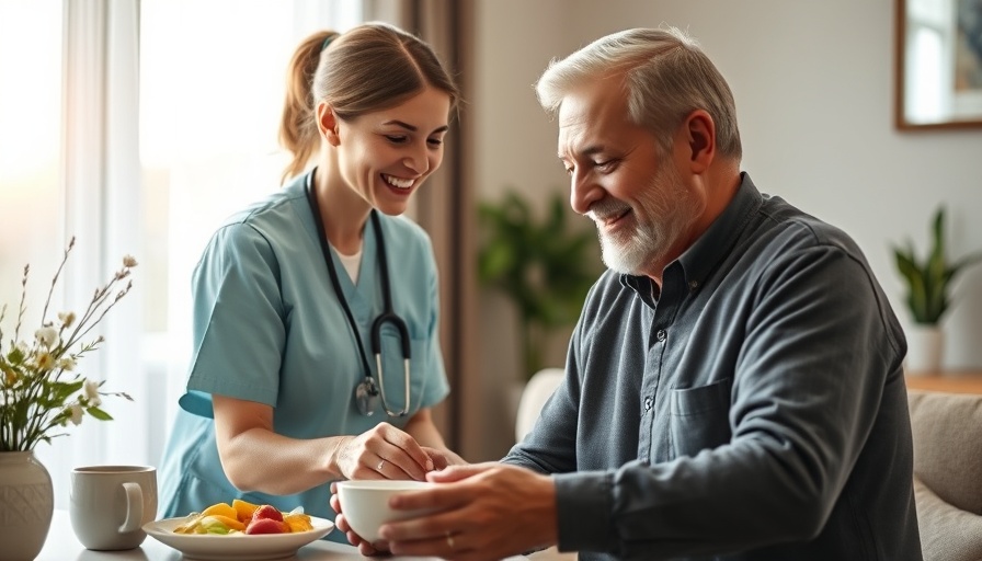 Nurse assisting elderly man with breakfast in home health care.