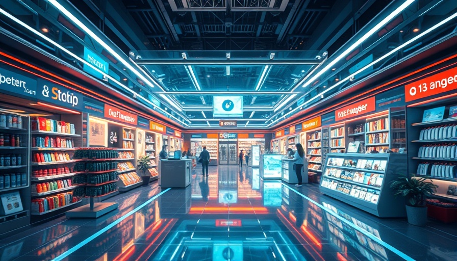 Futuristic e-commerce marketplace with holograms.