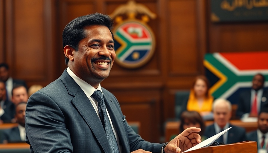South African politician speaks in parliament, addressing assembly.
