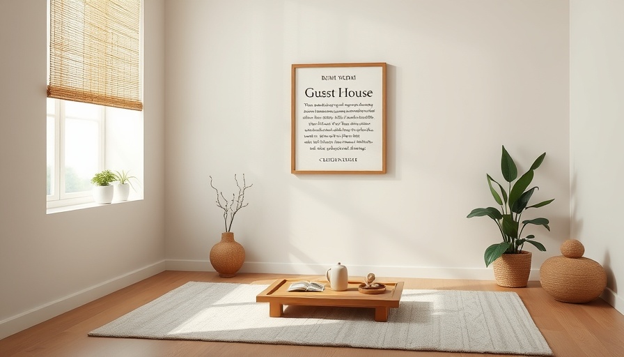 Rumi's Guest House poem in serene meditation room.