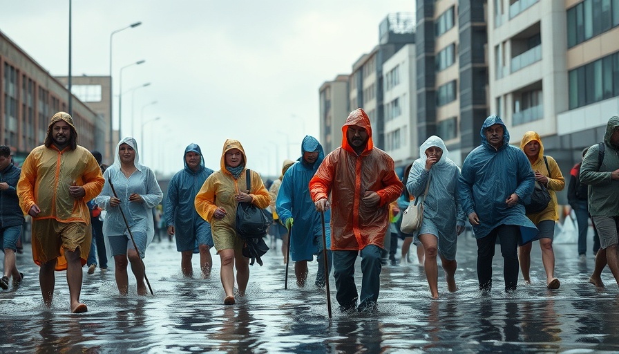 Disruptive Rainfall KZN Coast: People in ponchos navigate flooded streets.