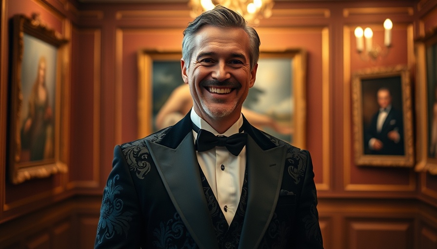 Smiling man in black suit, framed artwork background