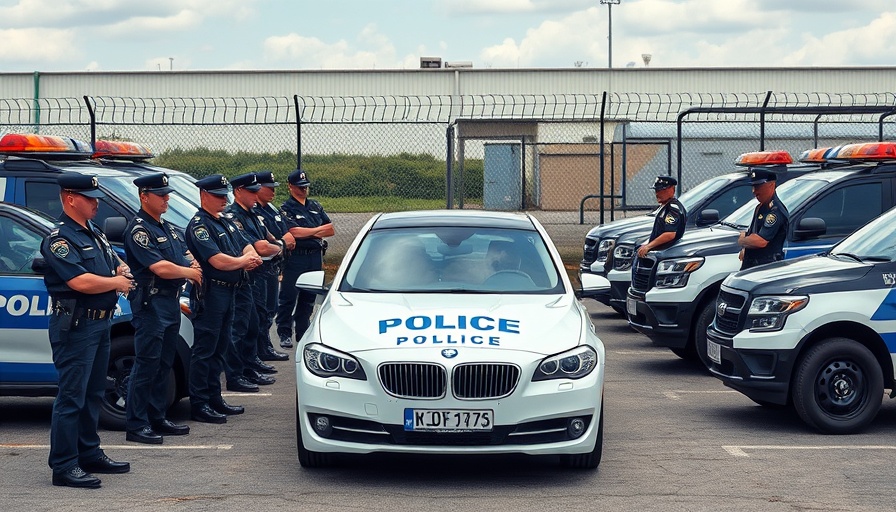 Police officers line up with patrol cars, Ad Hoc Committee on National Security.