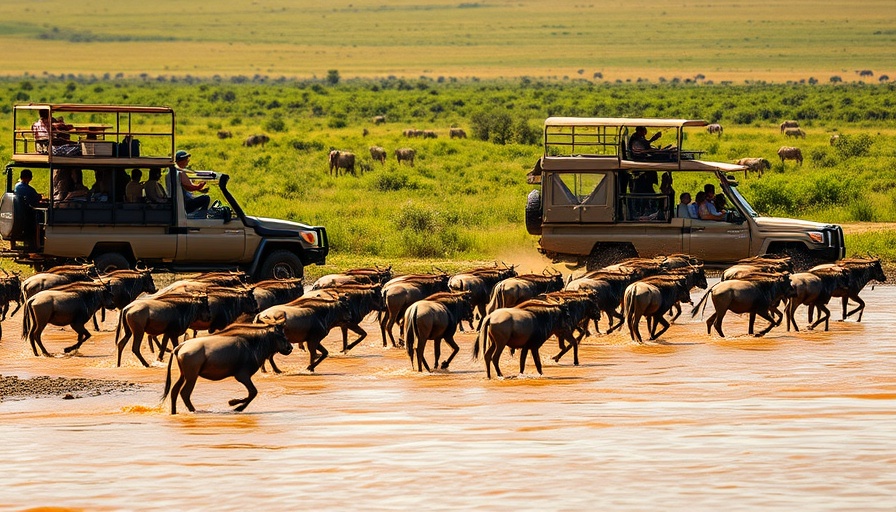 Tourists in safari vehicles watching wildebeests crossing river, ethical wildlife tourism.
