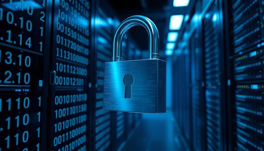 Futuristic digital lock symbolizing cybersecurity in a server room.