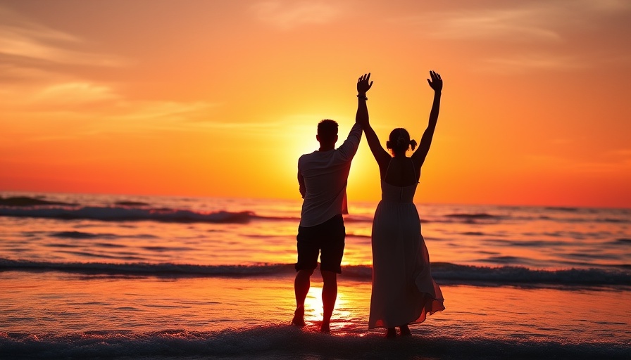 Holistic healing sunrise silhouette of a couple on a beach.
