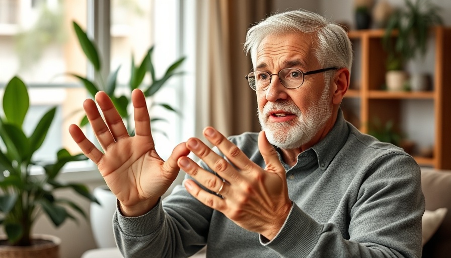 Brain Health through Hand Exercises demonstration by a man in a cozy living room.