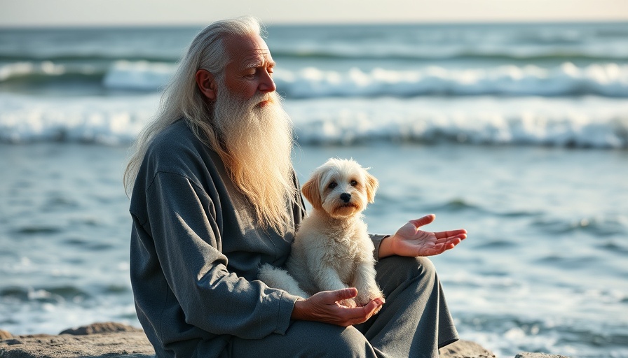Serene elderly man meditating with dog by the ocean, promoting emotional intelligence in parenting.