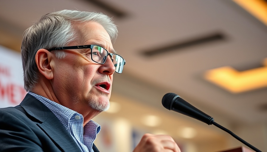 Man in focus during speech at a conference with blurred background.