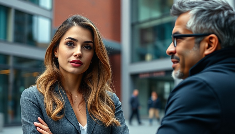Female body language signs of attraction in an outdoor business setting.