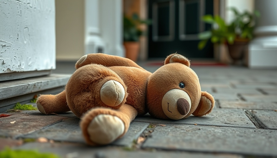 Worn-out stuffed bear on pavement suggests childhood adversity and psychosis risk.