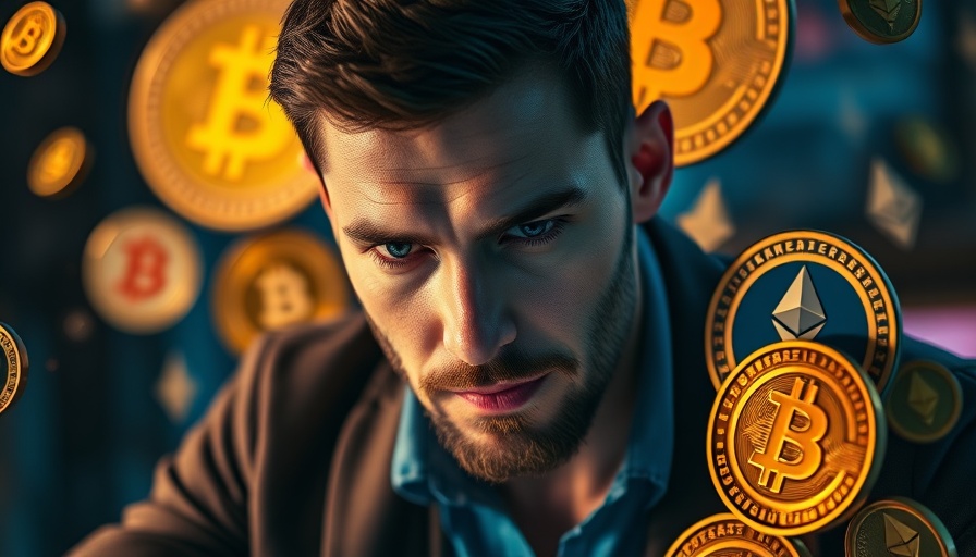Focused man with cryptocurrency symbols, predicting Bitcoin price.