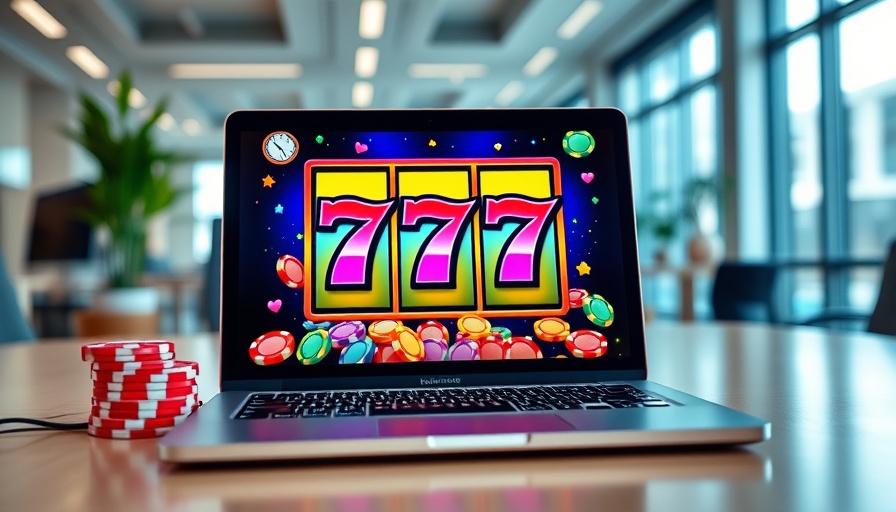Online slot machine and poker chips in modern office.
