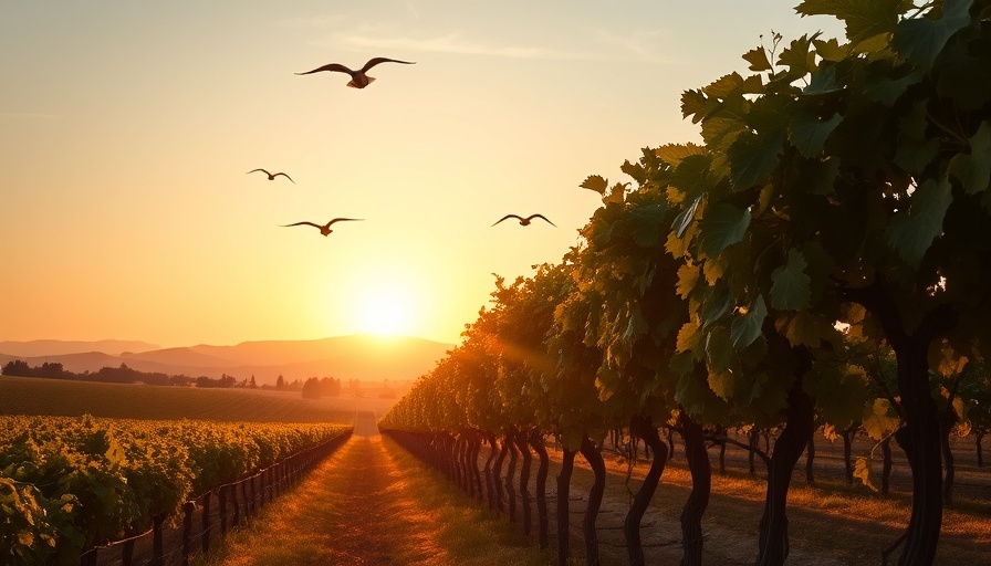 Vineyard at sunrise with birds flying and South Africa travel destinations.