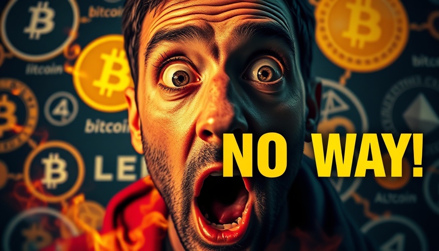Dramatic scene depicting surprised person with cryptocurrency logos, fiery overlay.