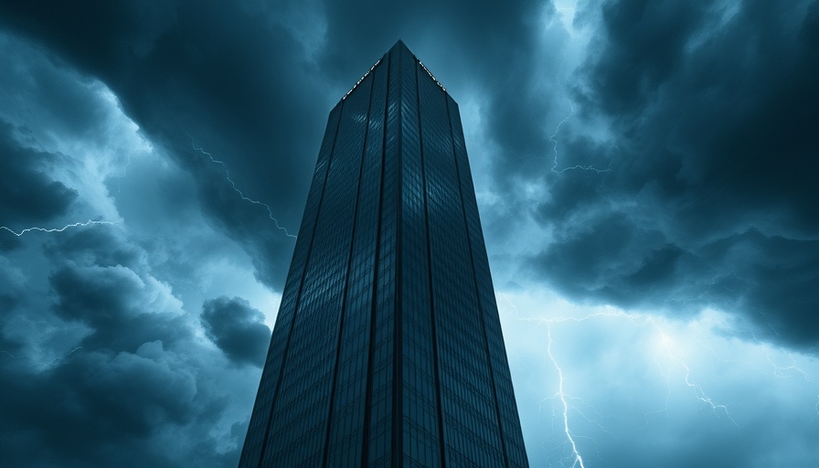 Modern skyscraper enduring storm, symbolizing brand resilience.