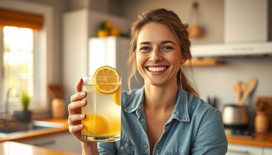 Smiling woman with lemon water in kitchen for chronic fatigue remedies.