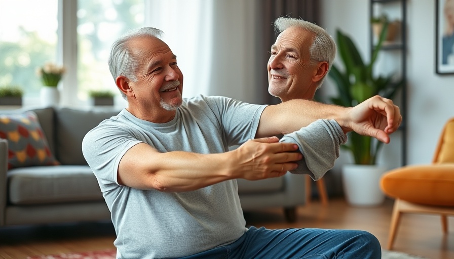 Older man demonstrating Drop Forward Technique for back pain in modern living room.