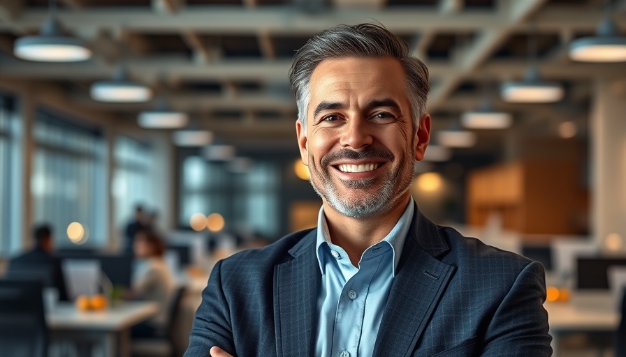 Confident businessman in modern office representing business leadership trends.