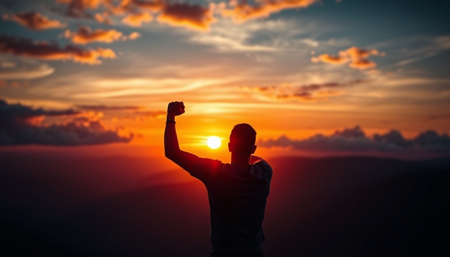 Person triumphantly raising fist at sunset in addiction treatment context.